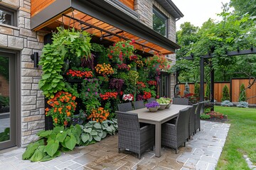 Naklejka premium A patio dining area with a large vertical garden in the background.