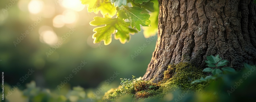 Poster close-up of a tree trunk surrounded by vibrant green leaves and soft sunlight.