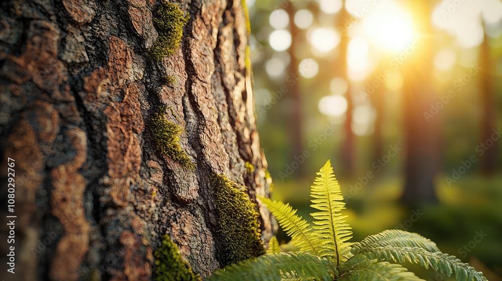 Poster close-up of tree bark with lush green fern under soft sunlight.