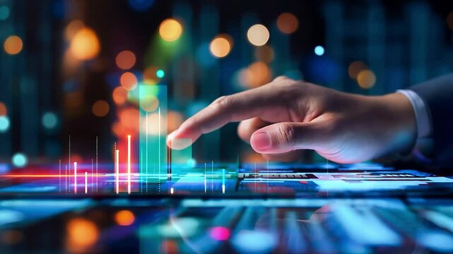 A hand of business man point to data histogram tablet illustration design	
 - Powered by Adobe