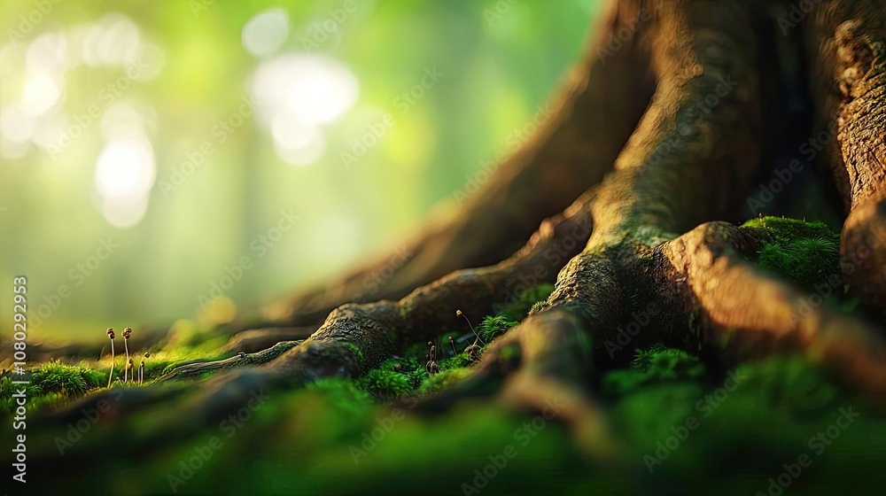 Poster tree roots on soft moss, illuminated by gentle sunlight in a lush forest.