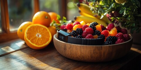 Healthy breakfast with fresh fruits, a fitness tracker, and a bowl of berries.