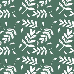 Hand-drawn seamless pattern featuring white leafy branches on a deep green background, creating a modern, minimalist botanical design.