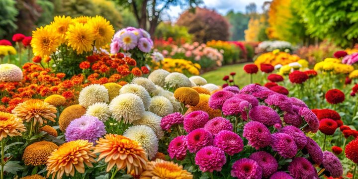 Vibrant Garden Scene Featuring Benjamas Flowers, Beautiful Chrysanthemums, and Colorful Chrysanths with Ample Copy Space for Text and Design Use