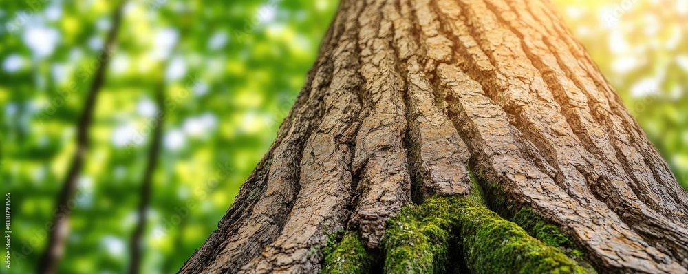 Poster Close-up of a tree trunk with sunlight filtering through green leaves.