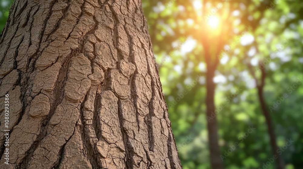 Poster close-up of tree bark with sunlight filtering through the lush green forest.
