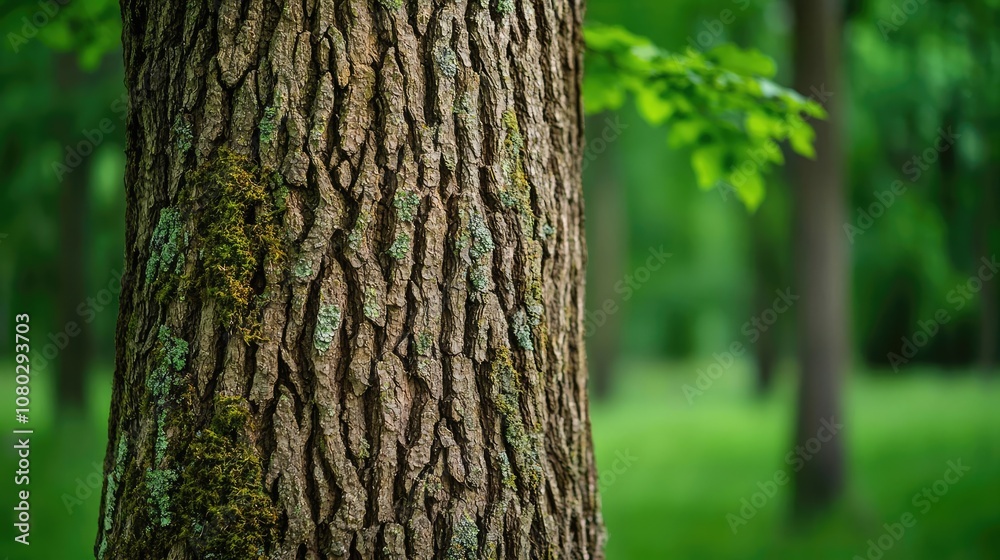 Poster close-up of tree bark showcasing intricate texture and lush green forest background.