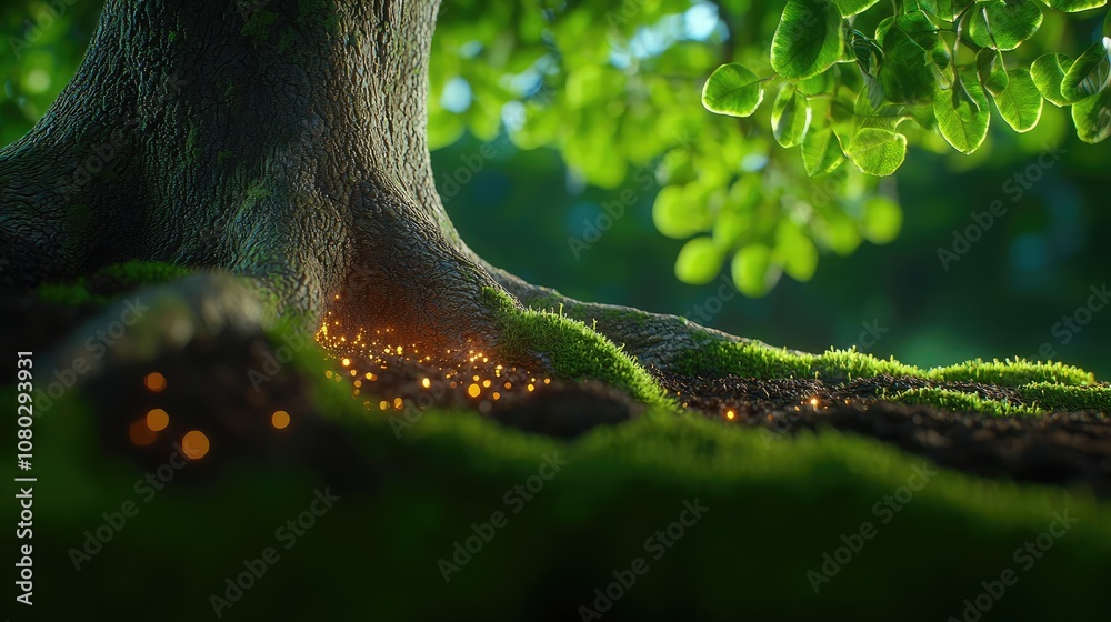 Poster enchanted tree roots with glowing elements under lush greenery, serene ecosystem.