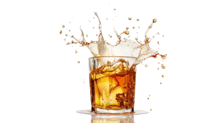 Shot of tequila with splash on white transparent background
