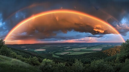 Obraz premium A magical double rainbow illuminates the sky, reflecting on a calm lake beneath it, with towering mountains