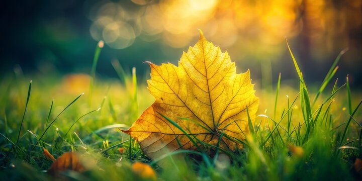 Vintage Style Photography of a Yellow Leaf on Grass in Meillonnas, France Captured on November 20, 2022, Showcasing Autumn's Beauty and Colors in a Serene Setting