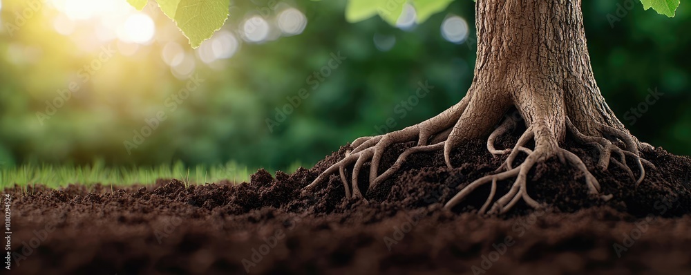 Poster tree roots emerging from rich brown soil, with sunlight filtering through leaves.