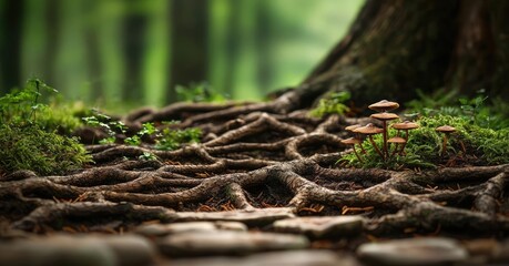 Obraz premium Tree roots intertwining with mushrooms on a forest floor, soft natural lighting.