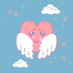 A crying cartoon pink heart with wings. Vector image of an emotional heart on a blue background with clouds. A vector illustration expressing feelings of grief and resentment.