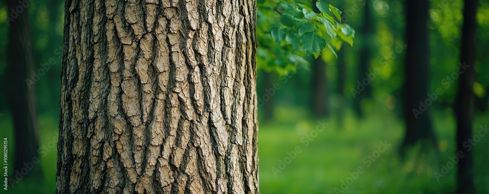 Poster tree bark texture with lush green forest in the background.