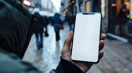 person holding blank smartphone in busy urban street, showcasing modern technology and city life. scene captures sense of connectivity and daily routine