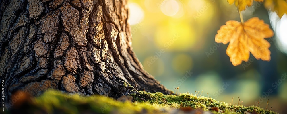 Poster Close-up of a tree trunk surrounded by autumn foliage and soft sunlight.