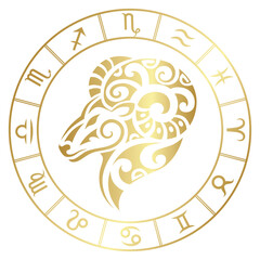 Zodiac sign Aries in maori tattoo style. Astrology emblem