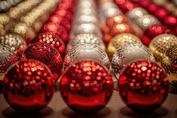 Decorative arrangement of red and gold ornaments on a table, ideal for holiday or special occasion decorations