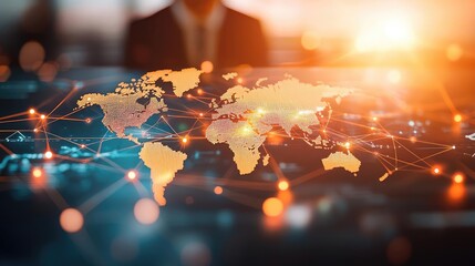 Global network connections with digital world map and modern technology interface.