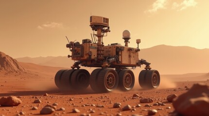Fototapeta premium Six-Wheeled All-Terrain Rover Exploring a Dusty, Rocky Landscape