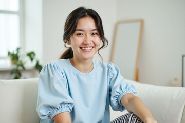 Young woman in living space, loose blouse, pajama pants