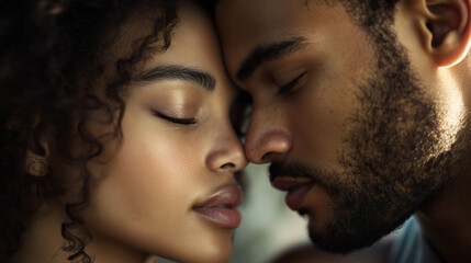 Obraz premium Loving couple embracing with closed eyes and soft light