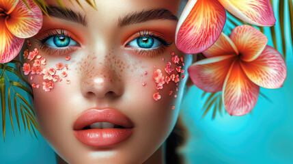 Beautiful women with Colorful flower background.