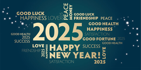 New Year's greetings with best wishes - vector illustration lettering with the numbers 2025 - gold and green