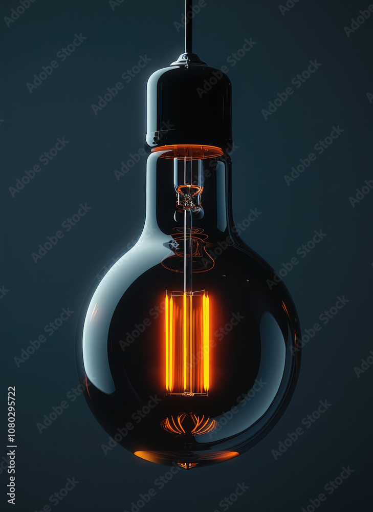 Poster a black light bulb emphasizing its smooth, glossy surface with a visible orange filament glowing at 