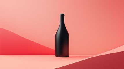 A minimalist black bottle displayed on a coral pink backdrop with soft, overlapping geometric shapes in a modern setting