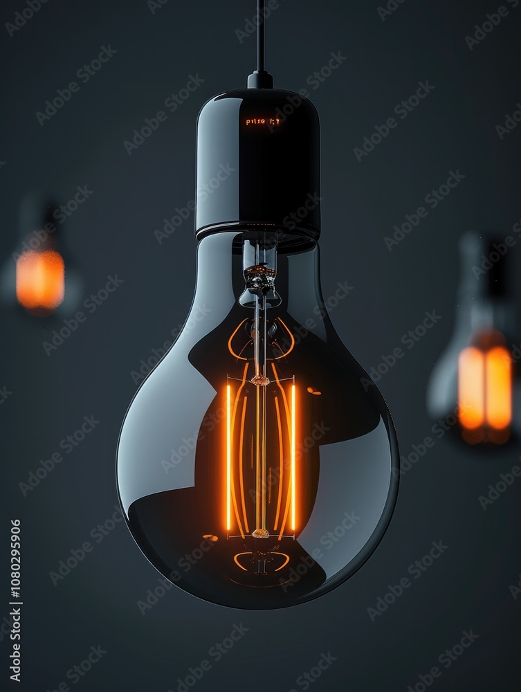 Poster A black light bulb emphasizing its smooth, glossy surface with a visible orange filament glowing at the center. The bulb is suspended against a dark background, its elegant silhouette.