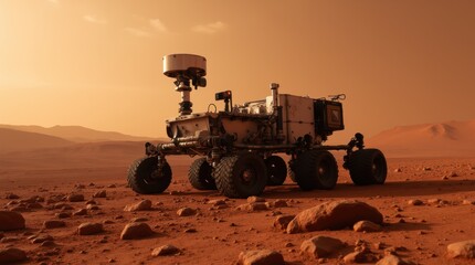 Rugged Six-Wheeled Rover Exploring a Dusty, Rocky Terrain