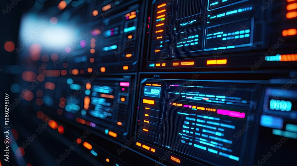 Aufkleber futuristic interface with glowing data and information displays, dark background.
