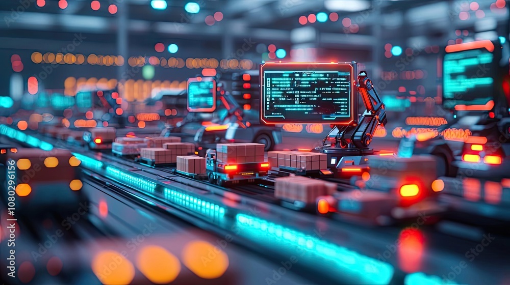 Poster robotic assembly line with glowing screens and packages on a conveyor belt, futuristic setting.