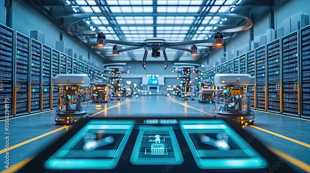 Poster Automated warehouse with drones and robotic systems, efficient logistics environment.