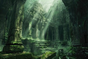 Ancient Stone Temple Overgrown with Lush Greenery and Sunlight Beams