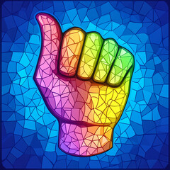 A colorful hand gesture with a stained glass effect, representing communication, diversity, and acceptance.