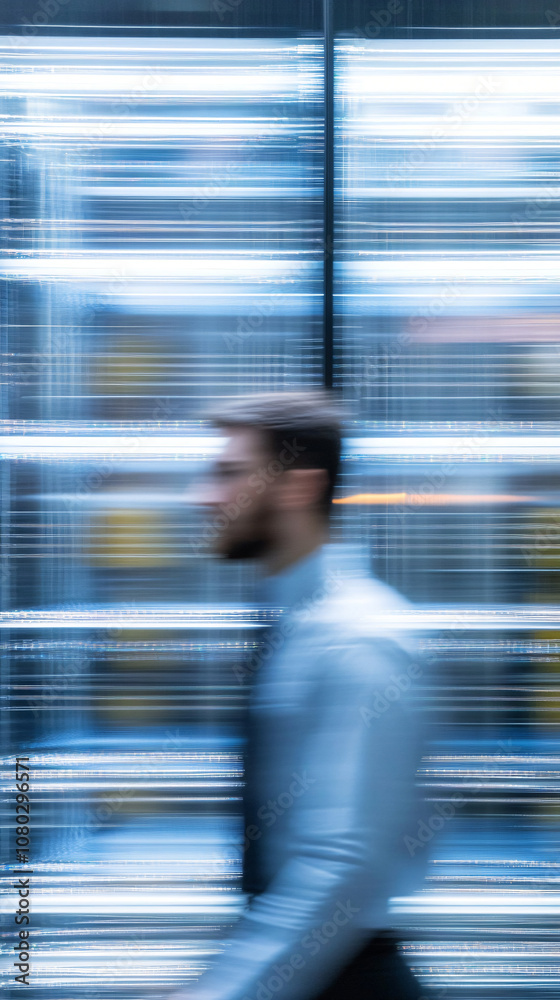 Poster Businessman walking in modern office with motion blur effect, creating a sense of speed and dynamism