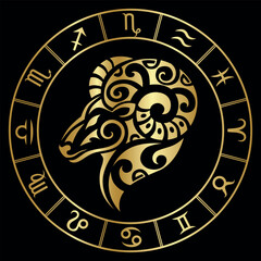 Zodiac sign Aries in maori tattoo style. Astrology emblem