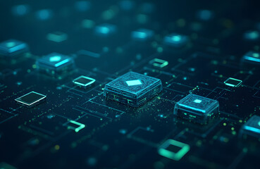  Futuristic blockchain network, interconnected blocks glowing in neon blue and green, dark background with a grid pattern