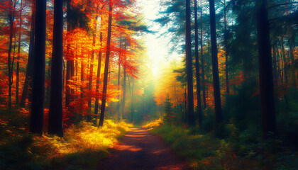 Obraz premium Autumn Forest Path with Vibrant Fall Colors and Morning Sunlight