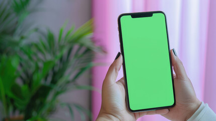 person holding smartphone with green screen in bright setting, surrounded by plants. vibrant background adds lively touch to scene