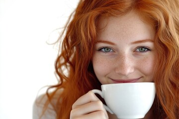 A woman with bright red hair holds a cup of coffee, great for lifestyle or everyday scenes