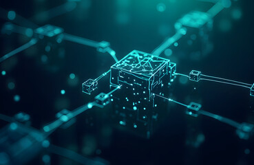 Futuristic blockchain network, interconnected blocks glowing in neon blue and green, dark background with a grid pattern