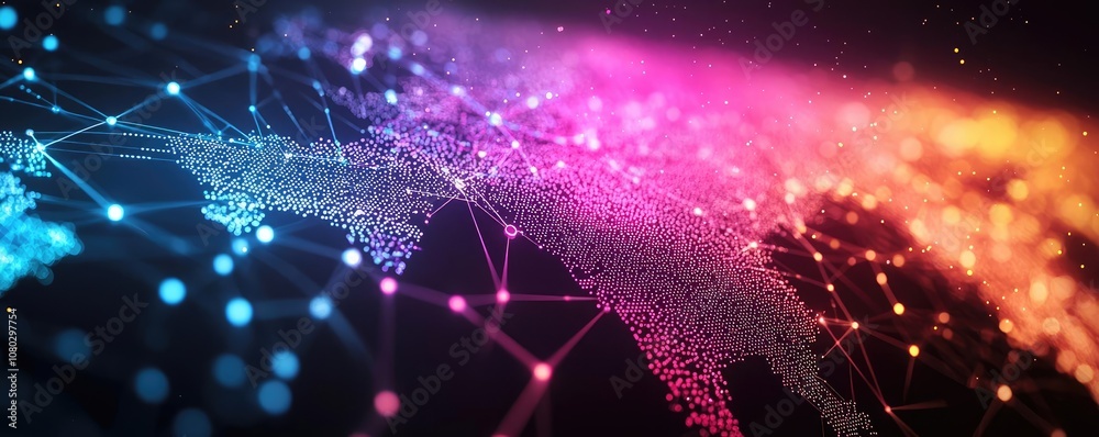 Poster abstract digital network with vibrant colors and glowing nodes against dark background.