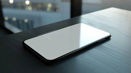 sleek smartphone on wooden table, reflecting light, showcasing modern design and technology. Perfect for showcasing mobile devices or tech related content