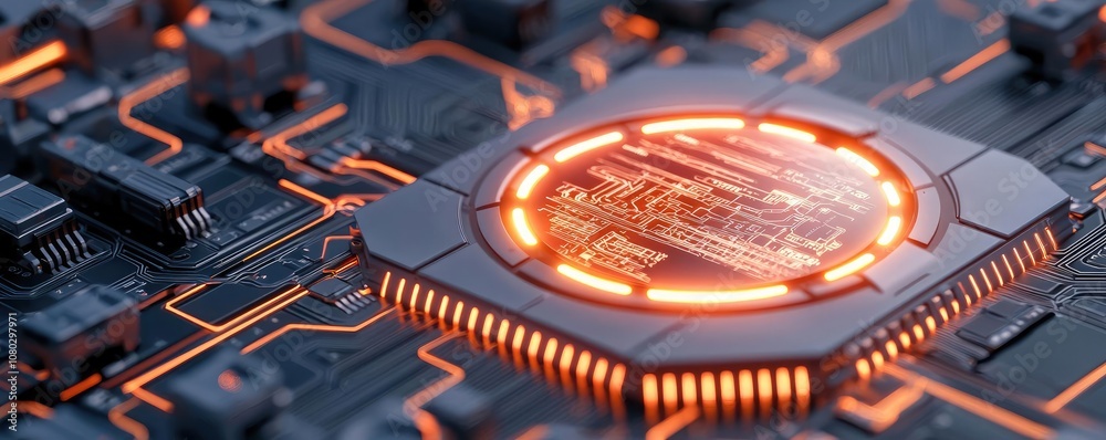 Poster close-up of a modern computer circuit board with glowing elements, isolated on white.