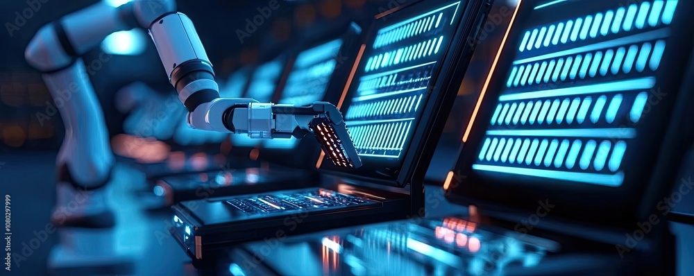 Poster High-tech robotic arm operating control panels in a futuristic environment.