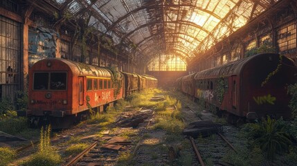 Obraz premium an old train carriage, covered in layers of peeling paint and graffiti, with shattered glass windows.